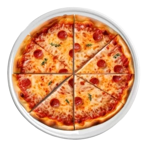 L'image montre une pizza pepperoni classique, composée de sauce tomate, de fromage mozzarella fondu et de tranches de pepperoni. La croûte est légèrement dorée et la pizza est coupée en six parts égales, prêtes à être servies.