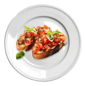 L'image montre deux bruschettas sur une assiette blanche. Les bruschettas sont garnies de tomates hachées, de basilic frais et d'un filet d'huile d'olive.