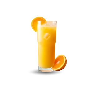 L'image montre un verre de jus d'orange frais avec des glaçons, garni d'une tranche d'orange sur le bord. Une autre moitié d'orange est posée à côté du verre.