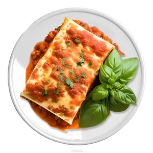 L'image montre un plat de lasagnes servies avec une sauce tomate garnie de basilic frais. Le plat est joliment présenté sur une assiette blanche, mettant en valeur les couleurs vives des ingrédients.