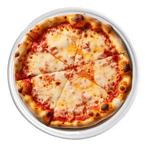 L'image montre une pizza margherita classique, composée d'une base de sauce tomate et recouverte de fromage mozzarella fondu. La croûte est légèrement dorée avec des bulles croustillantes, et la pizza est coupée en quatre parts égales, prêtes à être servies.