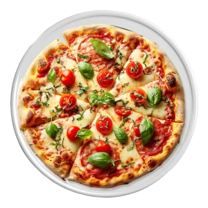 L'image montre une pizza délicieuse garnie de feuilles de basilic frais et de tomates cerises. La croûte semble bien cuite et dorée, tandis que le fromage fondu et la sauce tomate complètent parfaitement l'apparence appétissante de cette pizza.