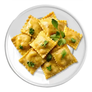 Assiette de raviolis garnis de feuilles de persil.