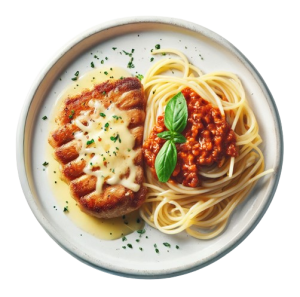 Assiette avec une escalope de poulet gratinée au fromage et des spaghettis à la sauce bolognaise, garnie de basilic frais.