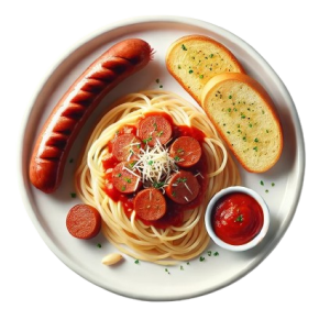 Assiette de spaghettis à la sauce tomate avec des rondelles de saucisse, accompagnée d'une saucisse grillée et de tranches de pain à l'ail, garnie de fromage râpé et d'herbes fraîches.