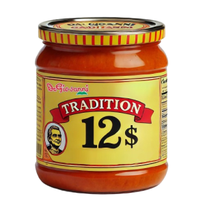 Pot de sauce tomate avec une étiquette jaune indiquant "Tradition" et un prix de "12$". L'étiquette comporte également un dessin de Da Giovanni.