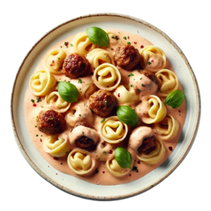 Assiette de tortellinis avec des boulettes de viande, garnie de feuilles de basilic et servie avec une sauce crémeuse.